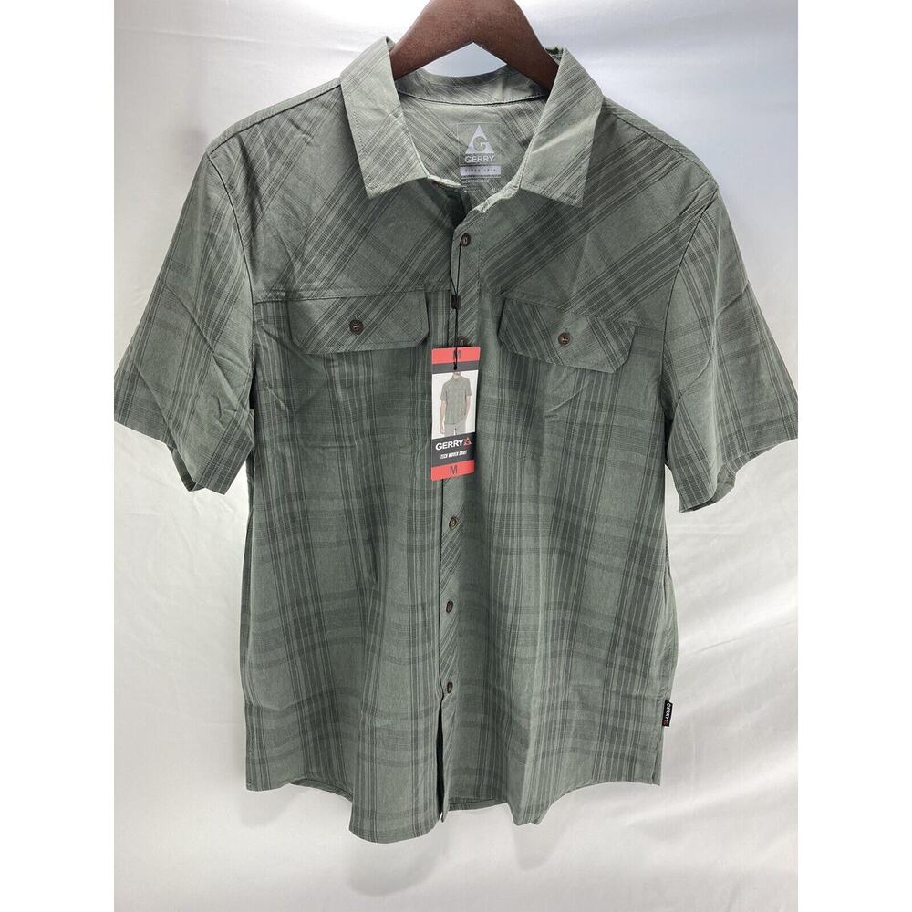 Gerry Men's Shirt Button Down Size Medium Olive Green Plaid Short Sleeve NWT